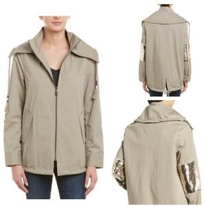 NEW Sam Edelman Sequin Elbow Patch Khaki Longline Anorak Utility Coat Jacket L